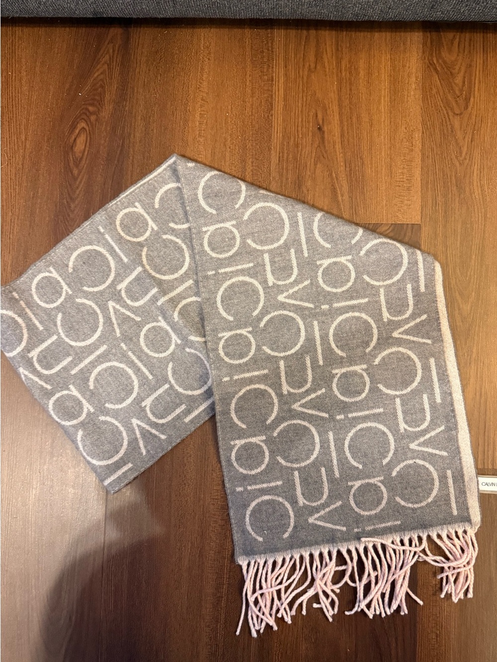 Calvin Klein Chic Logo-Print Fringe Scarf in Gray and Cream
